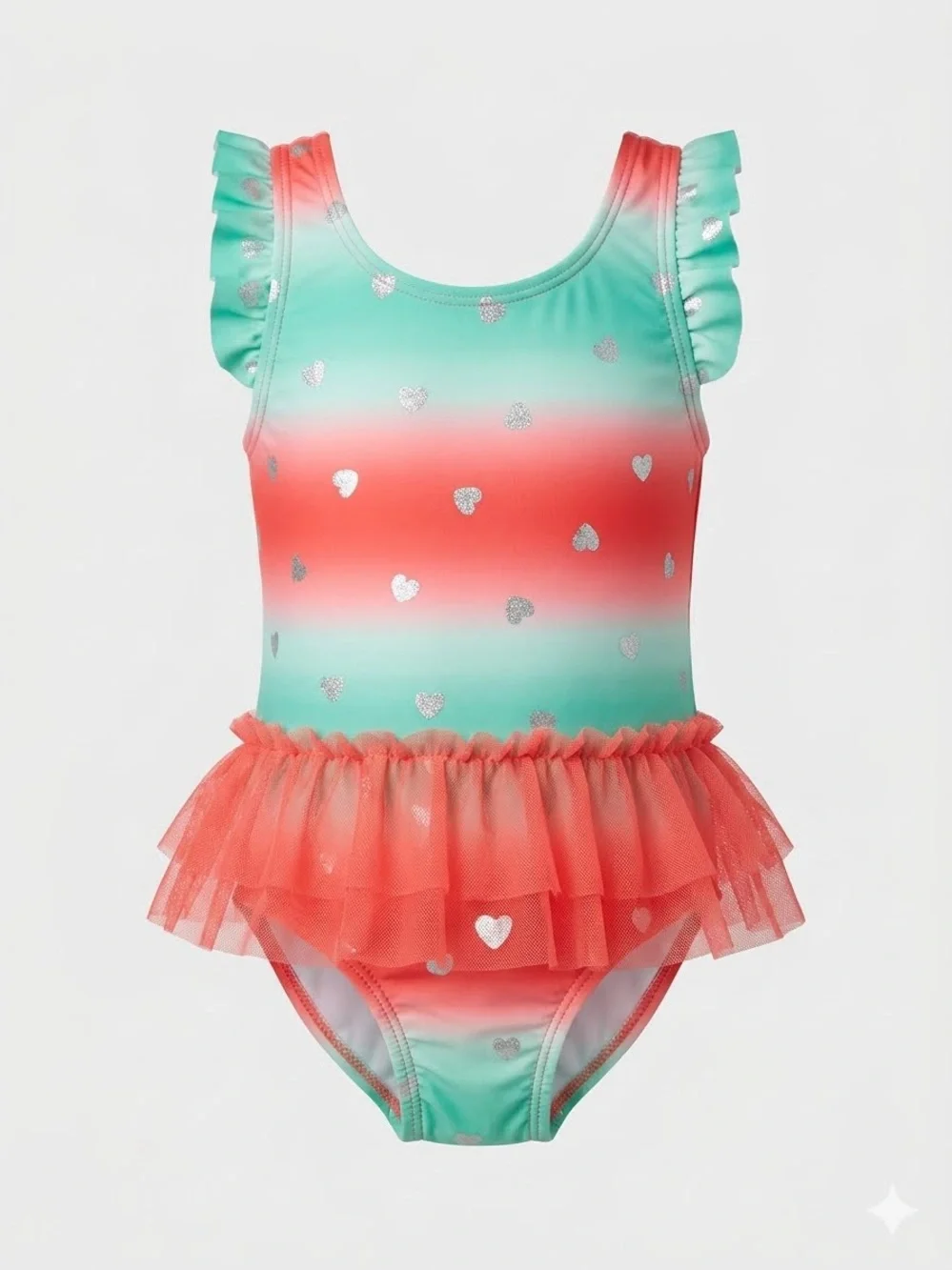 Penelope Mack 3t Swim Ruffle Coral Hearts Swimsuit Baby Toddler Bathing Suit